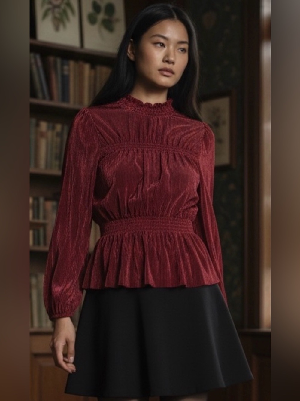 Badgley Mischka Metallic Plissé Smocked Ruffle Neck Blouse Tunic Red M - Picture 2 of 12